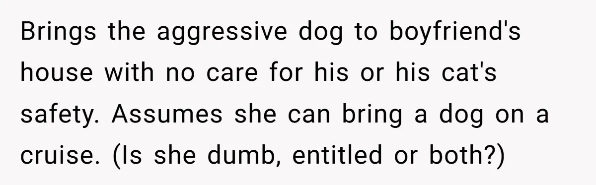 Brings the aggressive dog to boyfriend's house with no care for his or his cat's safety. Assumes she can bring a dog on a cruise. (Is she dumb, entitled or...