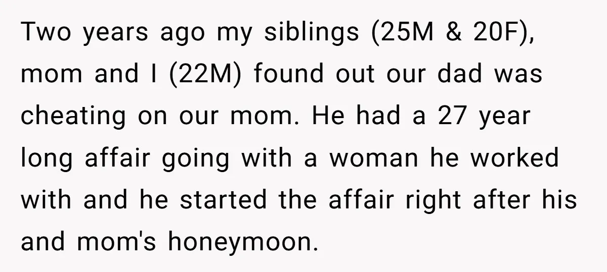 Two years ago my siblings (25M & 20F), mom and I (22M) found out our dad was cheating on our mom. He had a 27 year long affair going with...