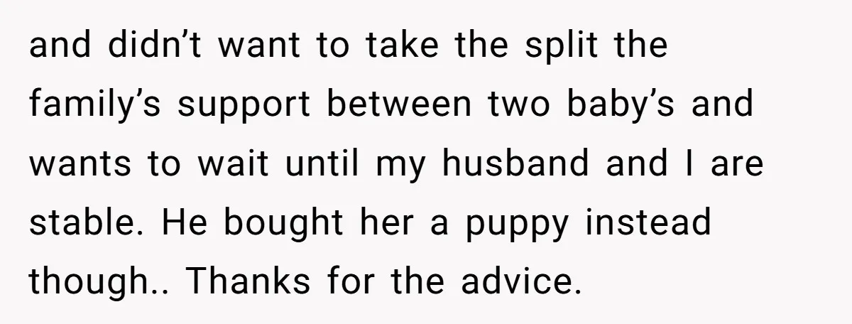 and didn’t want to take the split the family’s support between two baby’s and wants to wait until my husband and I are stable. He bought her a puppy instead...