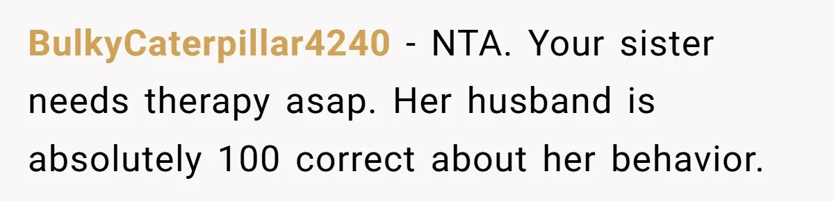 BulkyCaterpillar4240 − NTA. Your sister needs therapy asap. Her husband is absolutely 100 correct about her behavior.