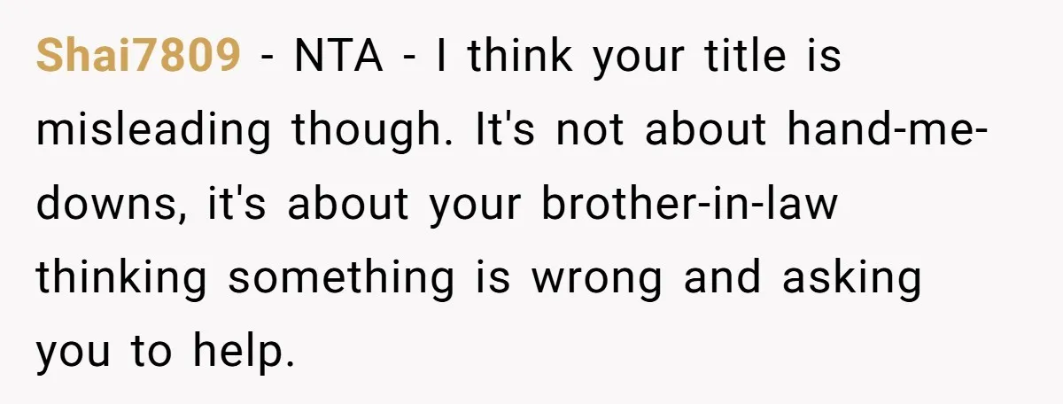 Shai7809 − NTA - I think your title is misleading though. It's not about hand-me-downs, it's about your brother-in-law thinking something is wrong and asking you to help.