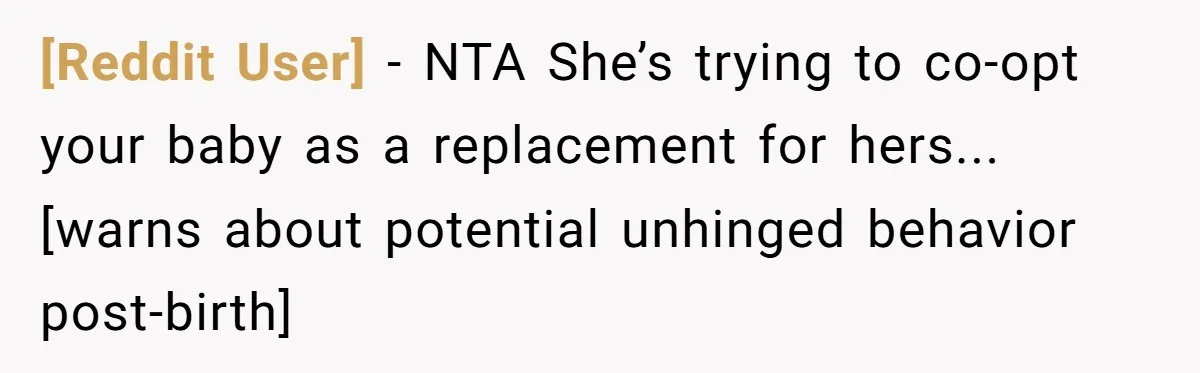 [Reddit User] − NTA She’s trying to co-opt your baby as a replacement for hers... [warns about potential unhinged behavior post-birth]