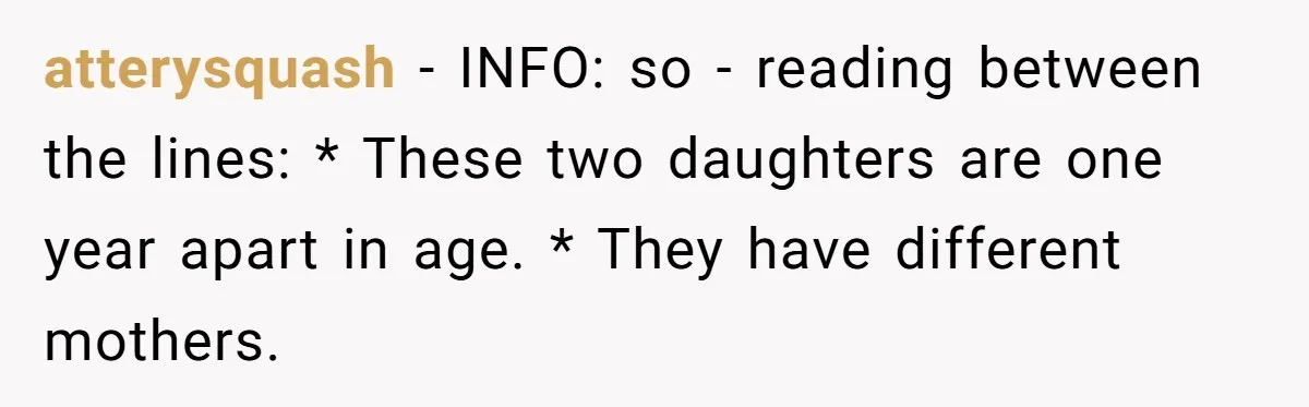 atterysquash − INFO: so - reading between the lines: * These two daughters are one year apart in age. * They have different mothers.