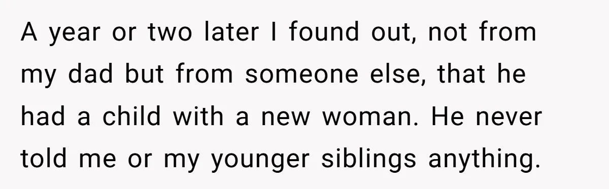A year or two later I found out, not from my dad but from someone else, that he had a child with a new woman. He never told me or...