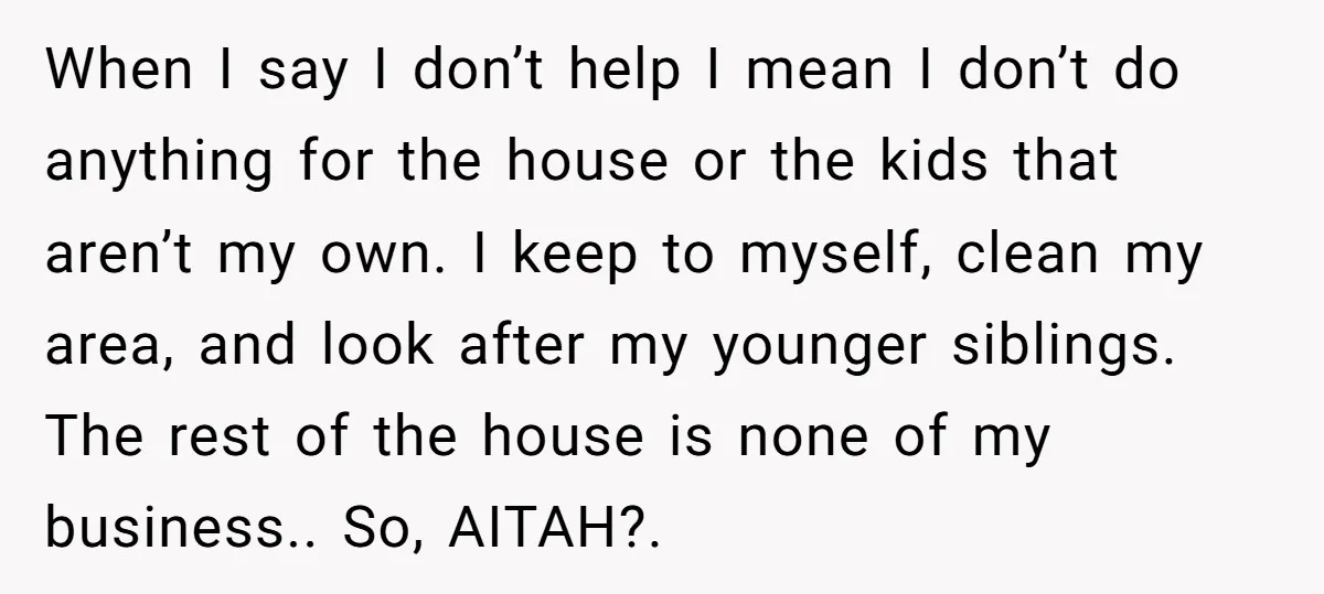 When I say I don’t help I mean I don’t do anything for the house or the kids that aren’t my own. I keep to myself, clean my area, and...
