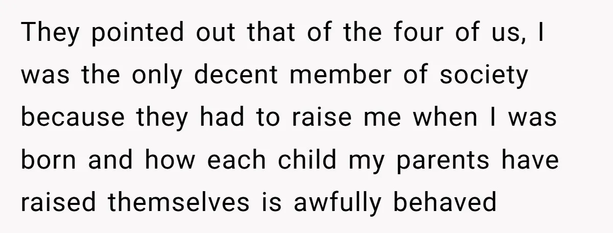 They pointed out that of the four of us, I was the only decent member of society because they had to raise me when I was born and how each...