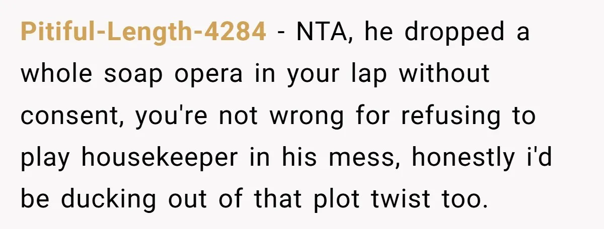 Pitiful-Length-4284 − NTA, he dropped a whole soap opera in your lap without consent, you're not wrong for refusing to play housekeeper in his mess, honestly i'd be ducking out...