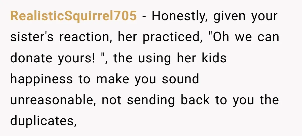 RealisticSquirrel705 − Honestly, given your sister's reaction, her practiced, "Oh we can donate yours! ", the using her kids happiness to make you sound unreasonable, not sending back to you...