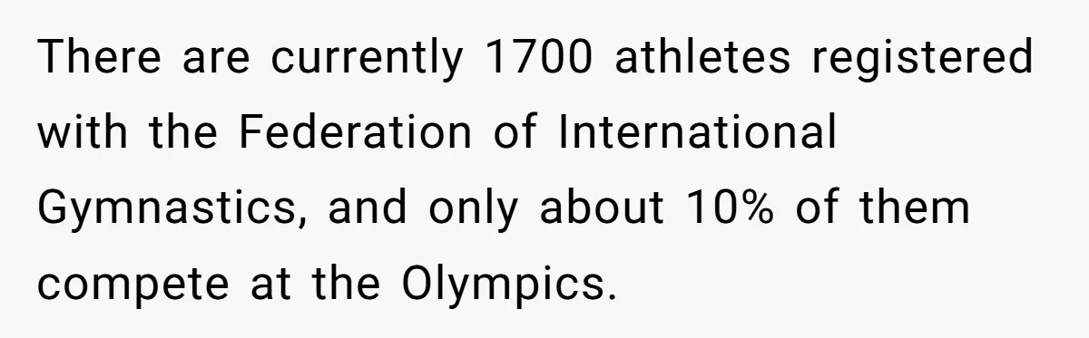 There are currently 1700 athletes registered with the Federation of International Gymnastics, and only about 10% of them compete at the Olympics.
