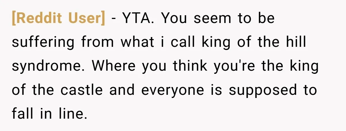 [Reddit User] − YTA. You seem to be suffering from what i call king of the hill syndrome. Where you think you're the king of the castle and everyone is...