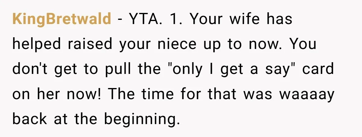 KingBretwald − YTA. 1. Your wife has helped raised your niece up to now. You don't get to pull the "only I get a say" card on her now! The...