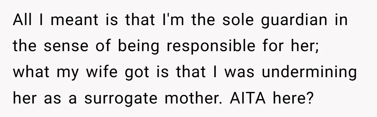 All I meant is that I'm the sole guardian in the sense of being responsible for her; what my wife got is that I was undermining her as a surrogate...