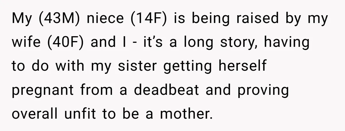 My (43M) niece (14F) is being raised by my wife (40F) and I - it’s a long story, having to do with my sister getting herself pregnant from a deadbeat...