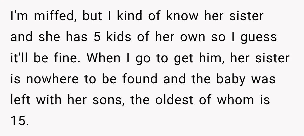 I'm miffed, but I kind of know her sister and she has 5 kids of her own so I guess it'll be fine. When I go to get him, her...