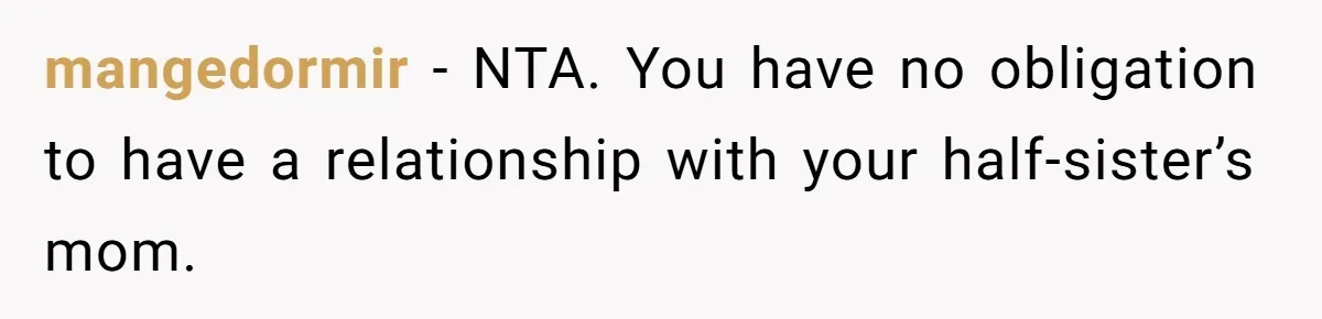 mangedormir − NTA. You have no obligation to have a relationship with your half-sister’s mom.