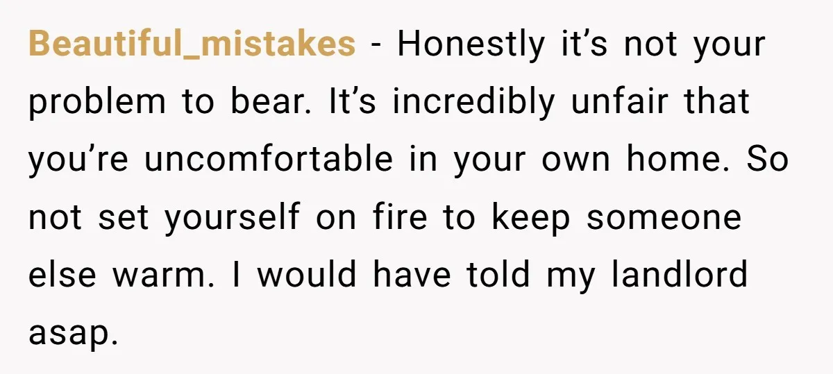 Beautiful_mistakes − Honestly it’s not your problem to bear. It’s incredibly unfair that you’re uncomfortable in your own home. So not set yourself on fire to keep someone else warm....