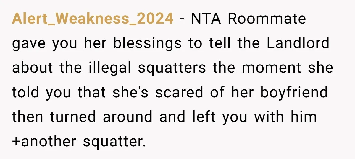 Alert_Weakness_2024 − NTA Roommate gave you her blessings to tell the Landlord about the illegal squatters the moment she told you that she's scared of her boyfriend then turned around...