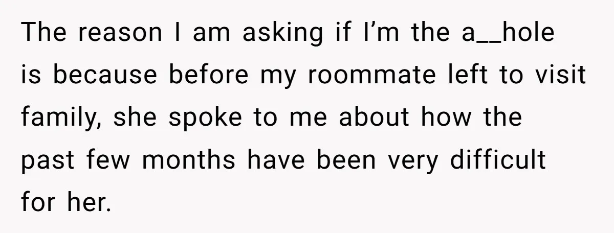 The reason I am asking if I’m the a__hole is because before my roommate left to visit family, she spoke to me about how the past few months have been...