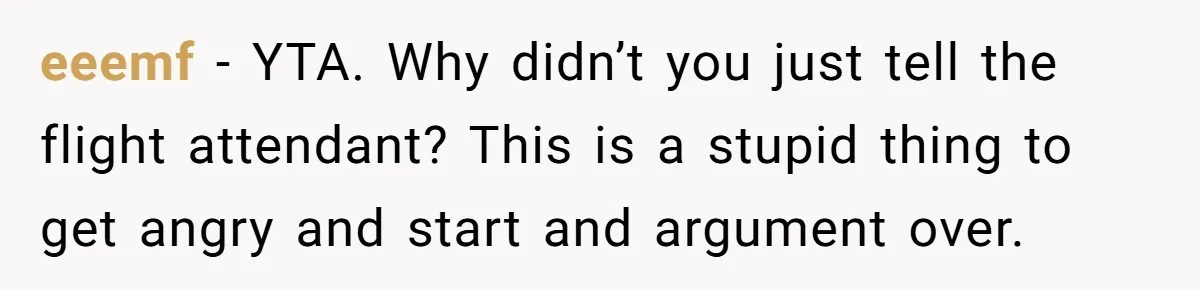 eeemf − YTA. Why didn’t you just tell the flight attendant? This is a stupid thing to get angry and start and argument over.