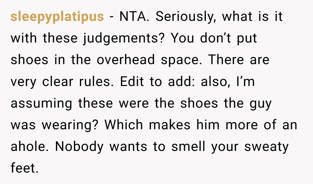 sleepyplatipus − NTA. Seriously, what is it with these judgements? You don’t put shoes in the overhead space. There are very clear rules. Edit to add: also, I’m assuming these...