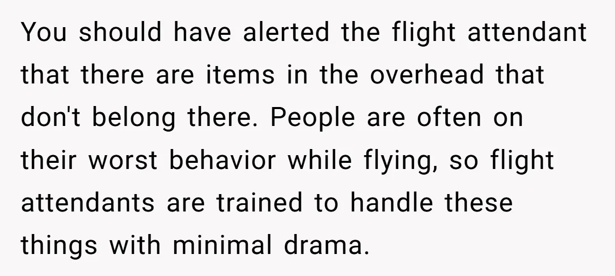 You should have alerted the flight attendant that there are items in the overhead that don't belong there. People are often on their worst behavior while flying, so flight attendants...