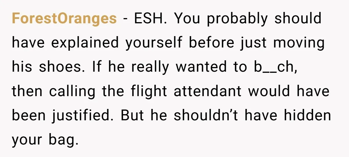 ForestOranges − ESH. You probably should have explained yourself before just moving his shoes. If he really wanted to b__ch, then calling the flight attendant would have been justified. But...