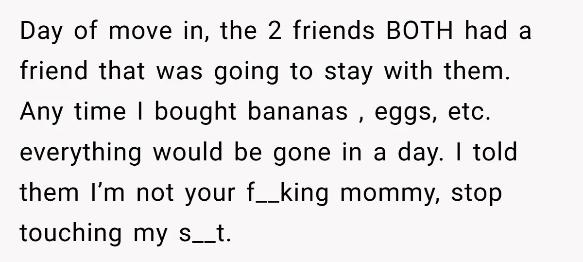 Day of move in, the 2 friends BOTH had a friend that was going to stay with them. Any time I bought bananas , eggs, etc. everything would be gone...
