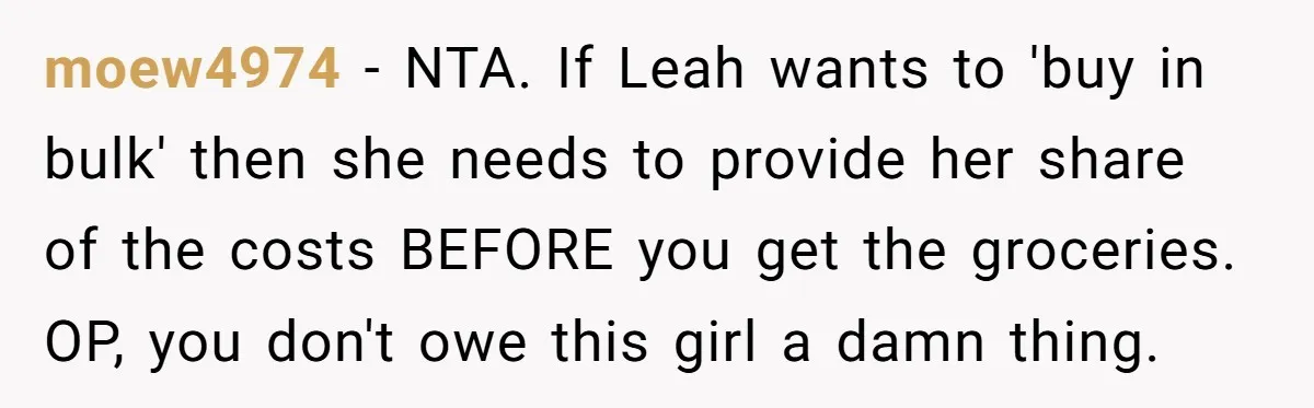 moew4974 − NTA. If Leah wants to 'buy in bulk' then she needs to provide her share of the costs BEFORE you get the groceries. OP, you don't owe this...