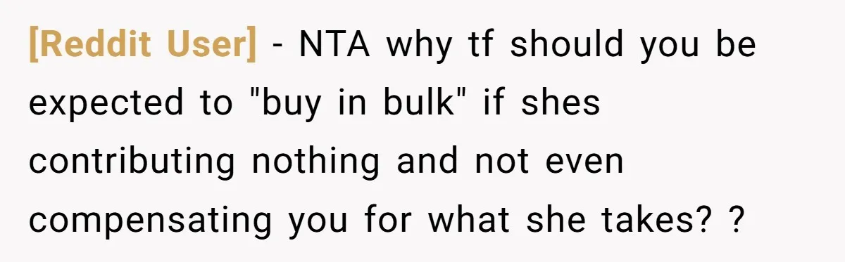 [Reddit User] − NTA why tf should you be expected to "buy in bulk" if shes contributing nothing and not even compensating you for what she takes? ?
