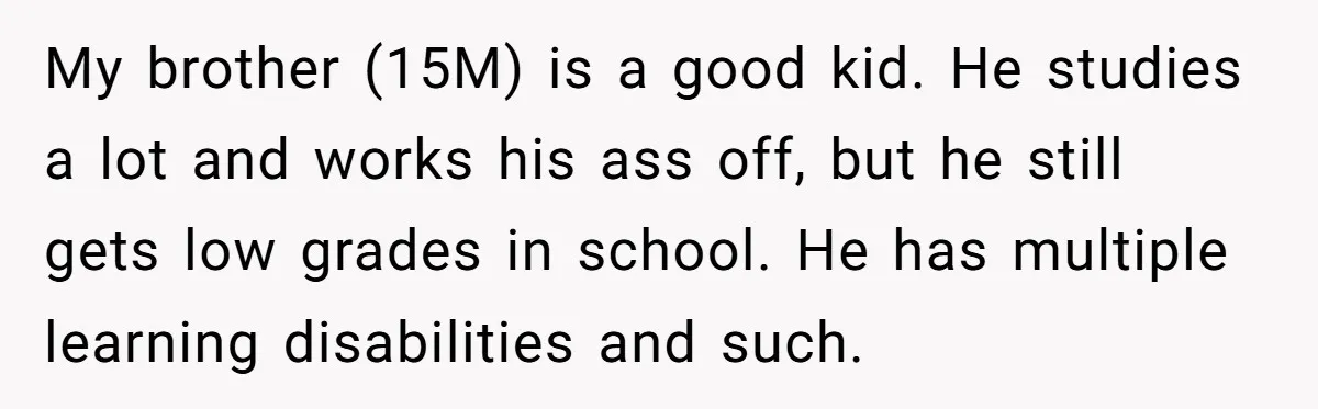 My brother (15M) is a good kid. He studies a lot and works his ass off, but he still gets low grades in school. He has multiple learning disabilities and...