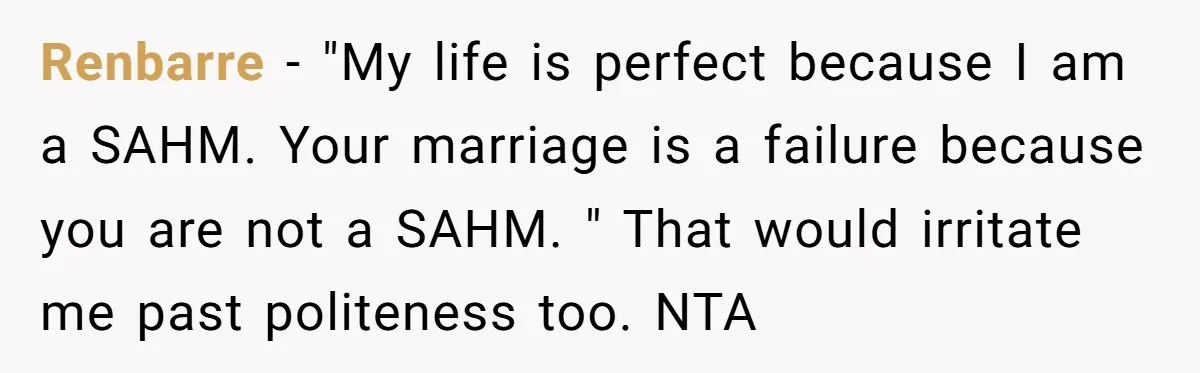 Renbarre − "My life is perfect because I am a SAHM. Your marriage is a failure because you are not a SAHM. " That would irritate me past politeness too....
