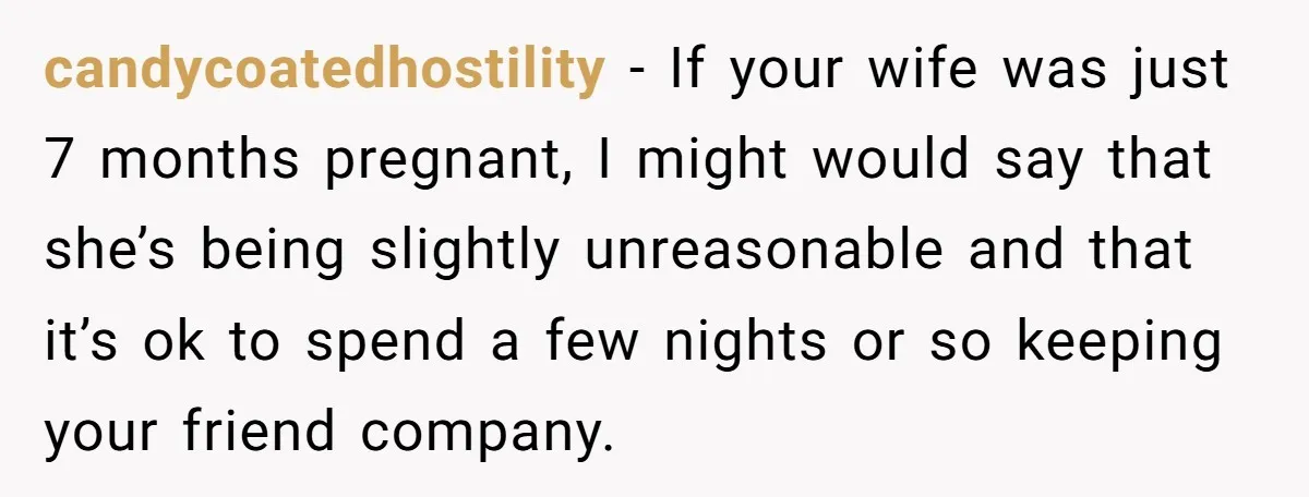 candycoatedhostility − If your wife was just 7 months pregnant, I might would say that she’s being slightly unreasonable and that it’s ok to spend a few nights or so...
