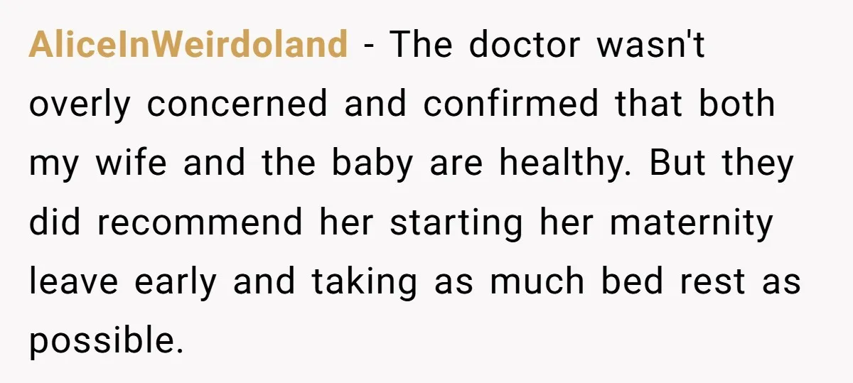 AliceInWeirdoland − The doctor wasn't overly concerned and confirmed that both my wife and the baby are healthy. But they did recommend her starting her maternity leave early and taking...