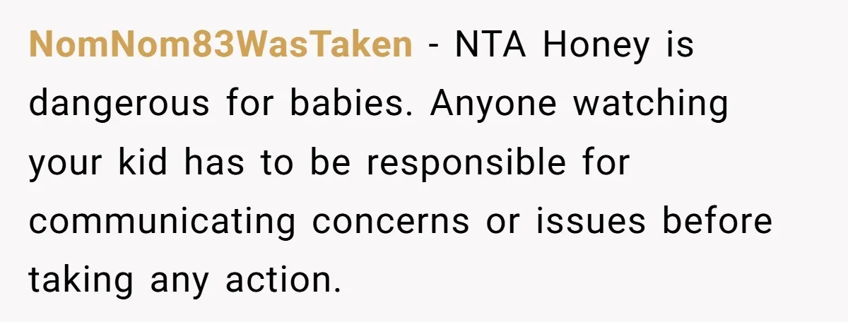 NomNom83WasTaken − NTA Honey is dangerous for babies. Anyone watching your kid has to be responsible for communicating concerns or issues before taking any action.