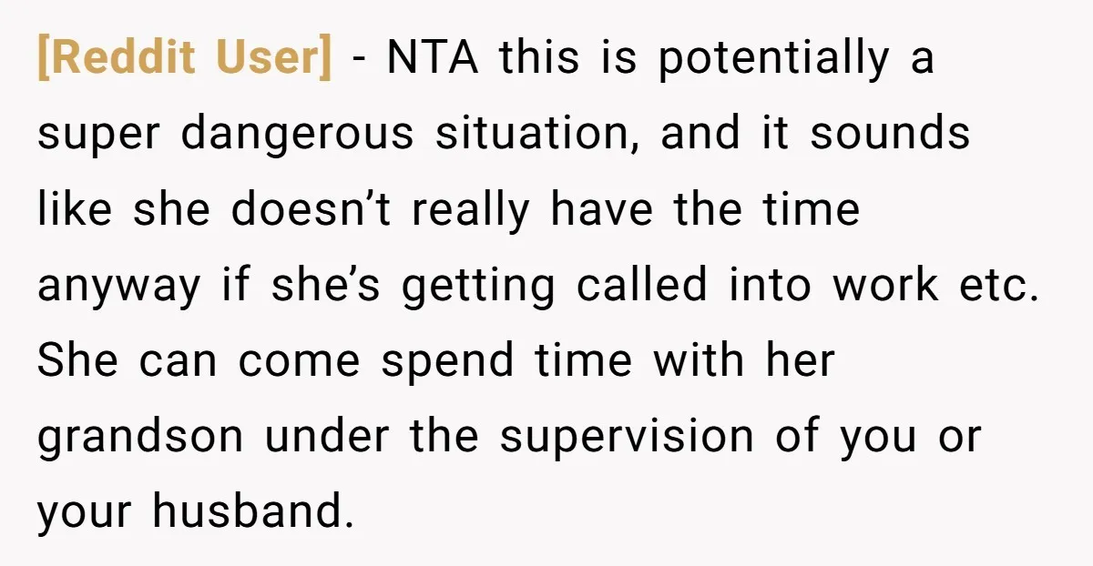 [Reddit User] − NTA this is potentially a super dangerous situation, and it sounds like she doesn’t really have the time anyway if she’s getting called into work etc. She...