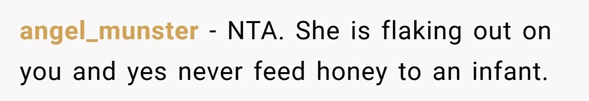 angel_munster − NTA. She is flaking out on you and yes never feed honey to an infant.