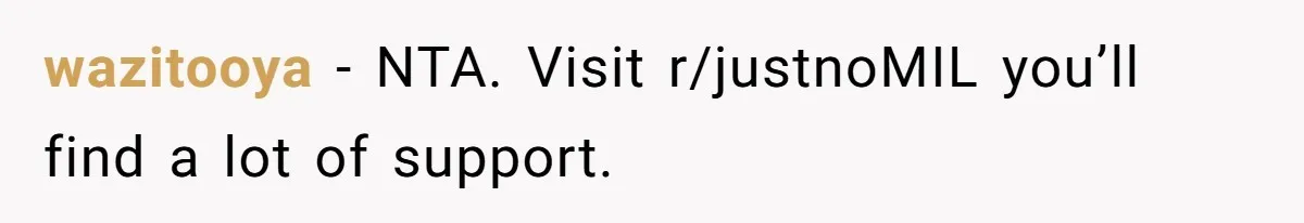 wazitooya − NTA. Visit r/justnoMIL you’ll find a lot of support.