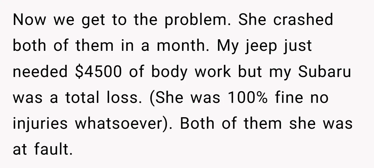 Now we get to the problem. She crashed both of them in a month. My jeep just needed $4500 of body work but my Subaru was a total loss. (She...