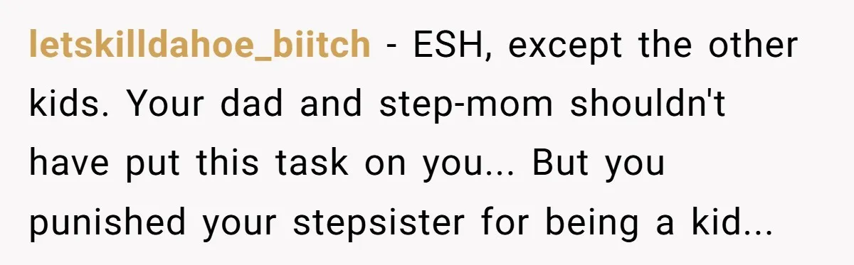 letskilldahoe_biitch − ESH, except the other kids. Your dad and step-mom shouldn't have put this task on you... But you punished your stepsister for being a kid...