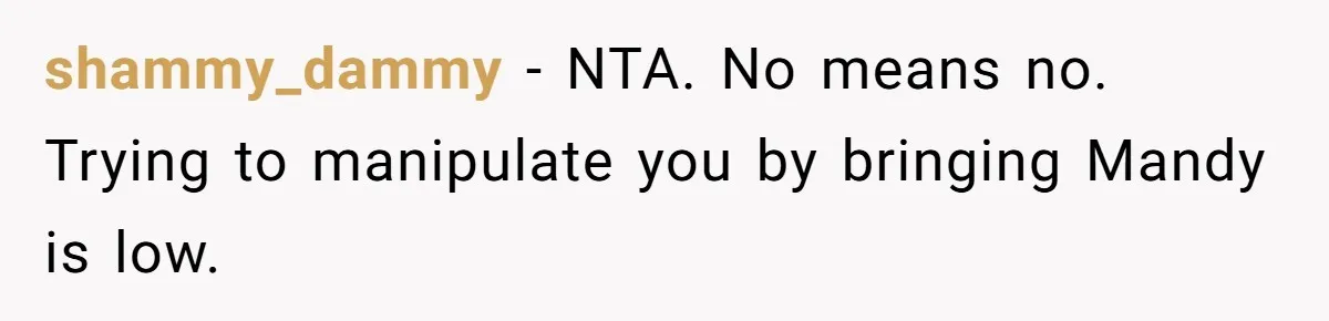 shammy_dammy − NTA. No means no. Trying to manipulate you by bringing Mandy is low.