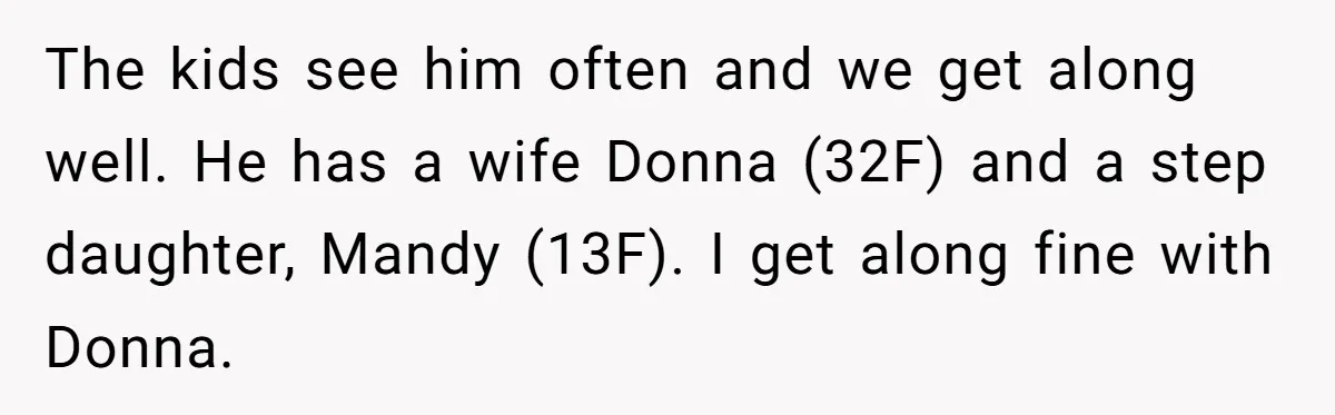 The kids see him often and we get along well. He has a wife Donna (32F) and a step daughter, Mandy (13F). I get along fine with Donna.