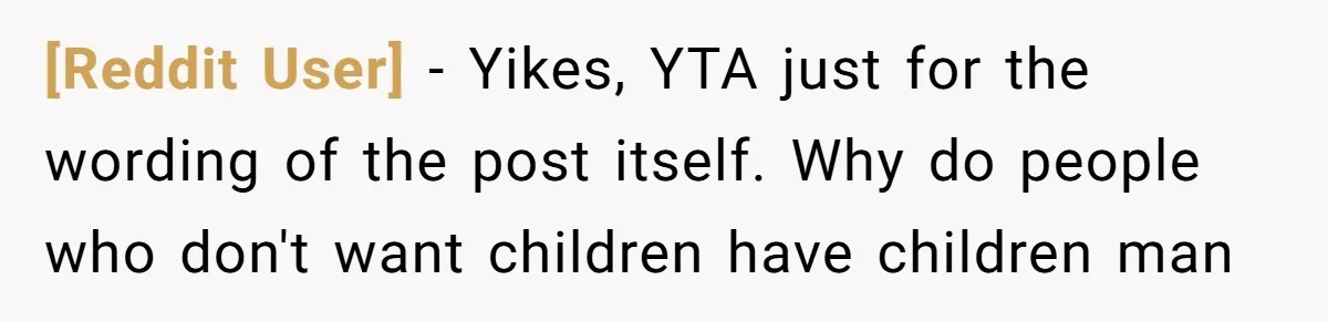 [Reddit User] − Yikes, YTA just for the wording of the post itself. Why do people who don't want children have children man