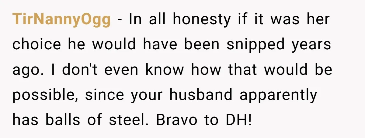 TirNannyOgg − In all honesty if it was her choice he would have been snipped years ago. I don't even know how that would be possible, since your husband apparently...