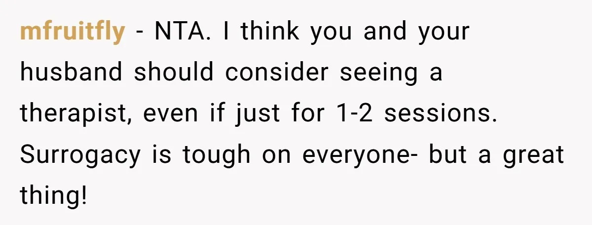 mfruitfly − NTA. I think you and your husband should consider seeing a therapist, even if just for 1-2 sessions. Surrogacy is tough on everyone- but a great thing!