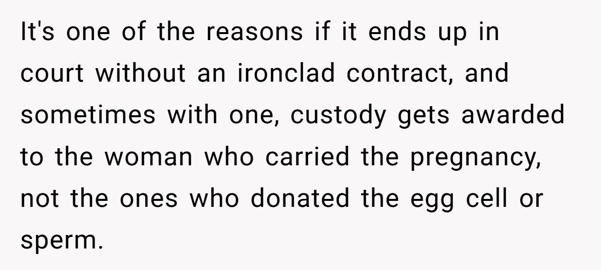 It's one of the reasons if it ends up in court without an ironclad contract, and sometimes with one, custody gets awarded to the woman who carried the pregnancy, not...