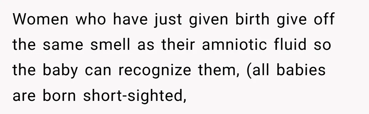 Women who have just given birth give off the same smell as their amniotic fluid so the baby can recognize them, (all babies are born short-sighted,