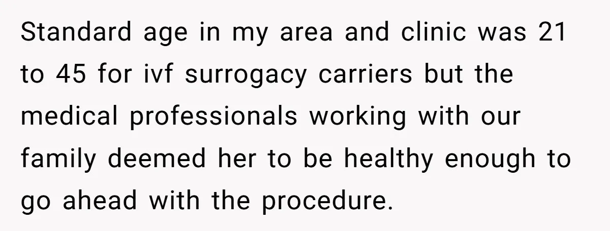 Standard age in my area and clinic was 21 to 45 for ivf surrogacy carriers but the medical professionals working with our family deemed her to be healthy enough to...