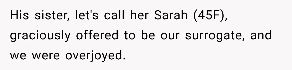 His sister, let's call her Sarah (45F), graciously offered to be our surrogate, and we were overjoyed.