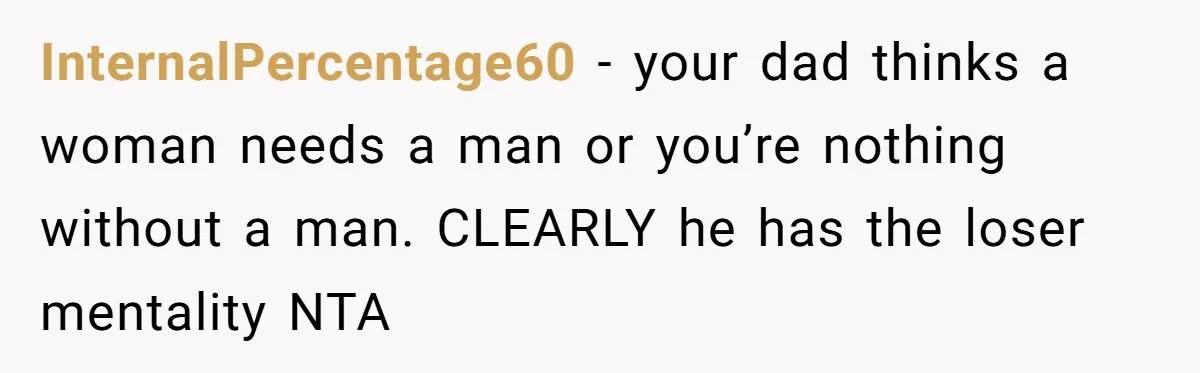InternalPercentage60 − your dad thinks a woman needs a man or you’re nothing without a man. CLEARLY he has the loser mentality NTA