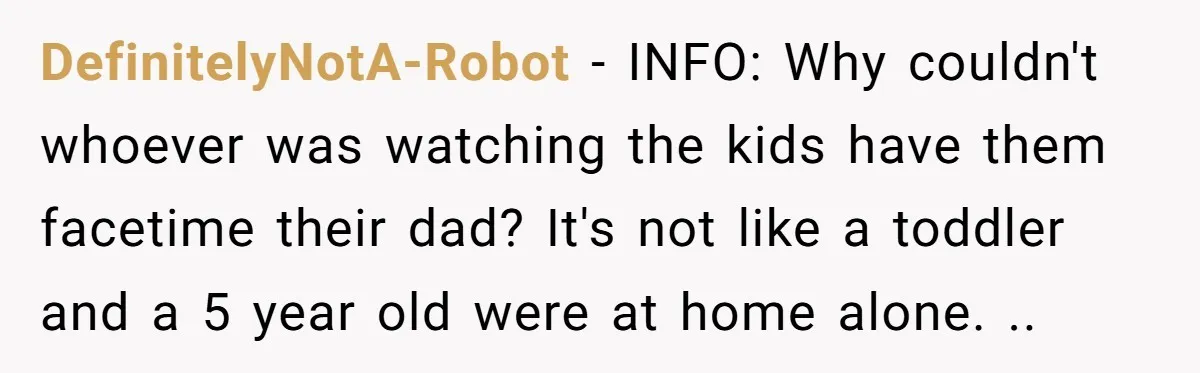 DefinitelyNotA-Robot − INFO: Why couldn't whoever was watching the kids have them facetime their dad? It's not like a toddler and a 5 year old were at home alone. ..
